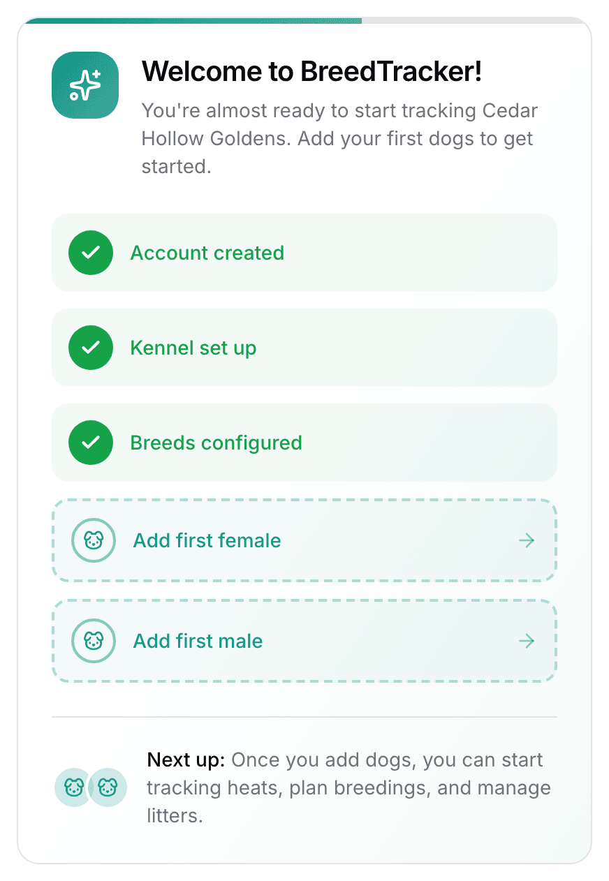 The dashboard's Welcome to BreedTracker! card: three steps complete, with Add first female and Add first male waiting.