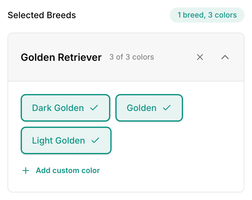 The Selected Breeds card during setup: Golden Retriever open, its color chips all ticked, and an Add custom color link.