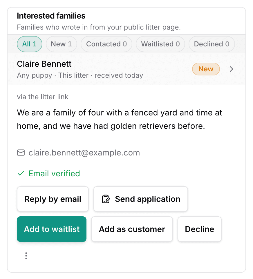 The Interested families card with one family open: their note, their email, and the Add to waitlist, Add as customer and Decline buttons.
