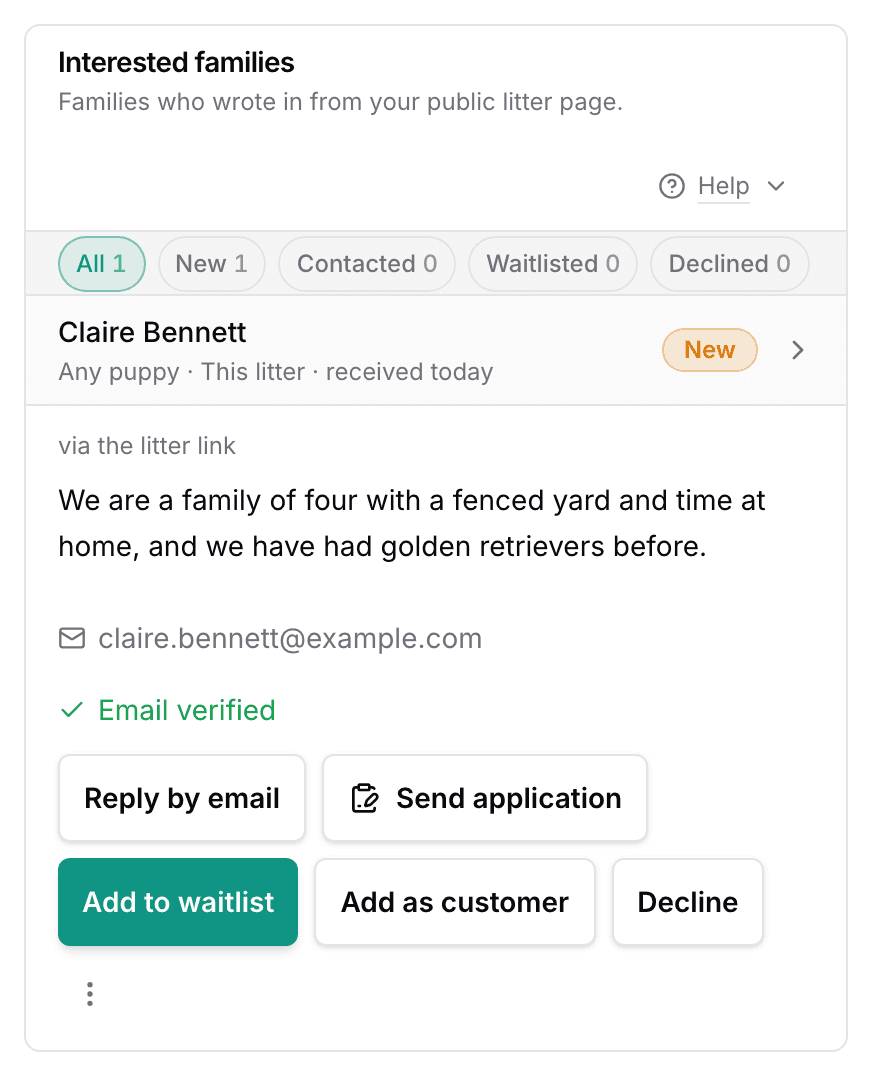 The Interested families card with one family open: their note, their email, and the Add to waitlist, Add as customer and Decline buttons.