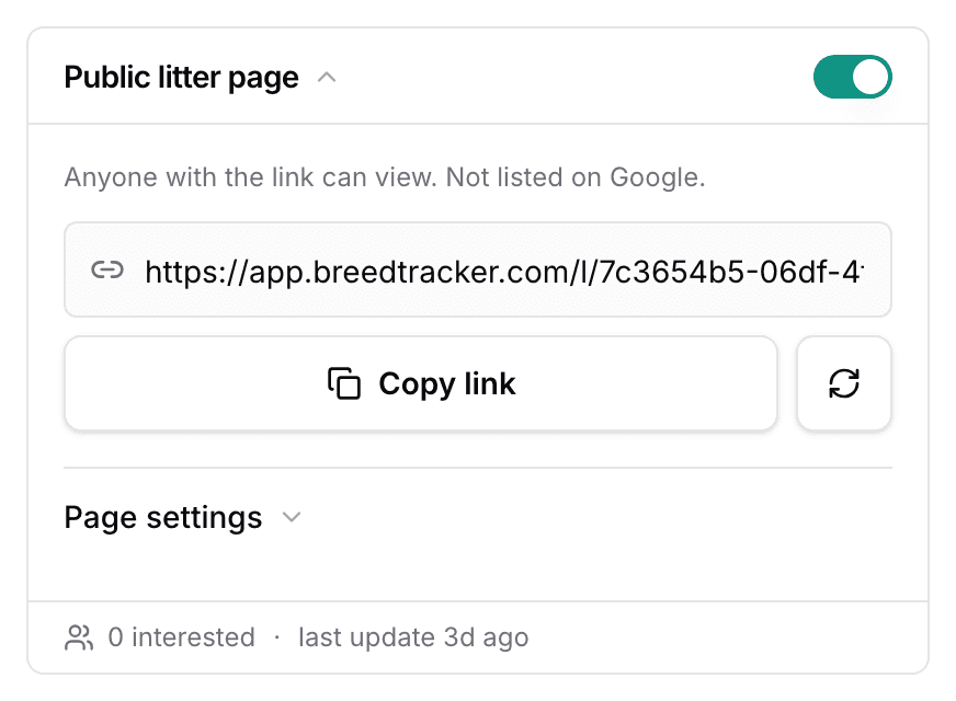 The Public litter page card, published: the switch, the link field, Copy link and New link, over Page settings.