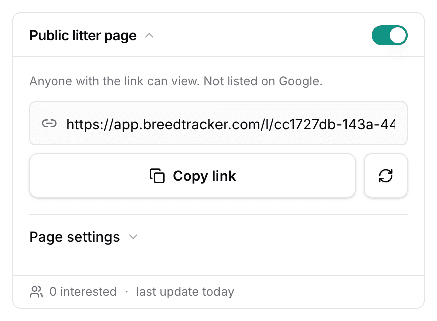 The Public litter page card, published: the switch, the link field, Copy link and New link, over Page settings.