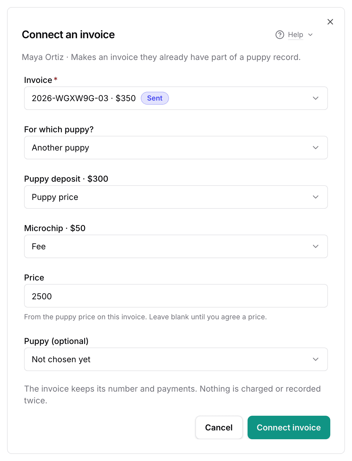 The Connect an invoice dialog: a sent $350 invoice for Another puppy, its deposit line as Puppy price and its microchip line as Fee, and a Price of 2500.