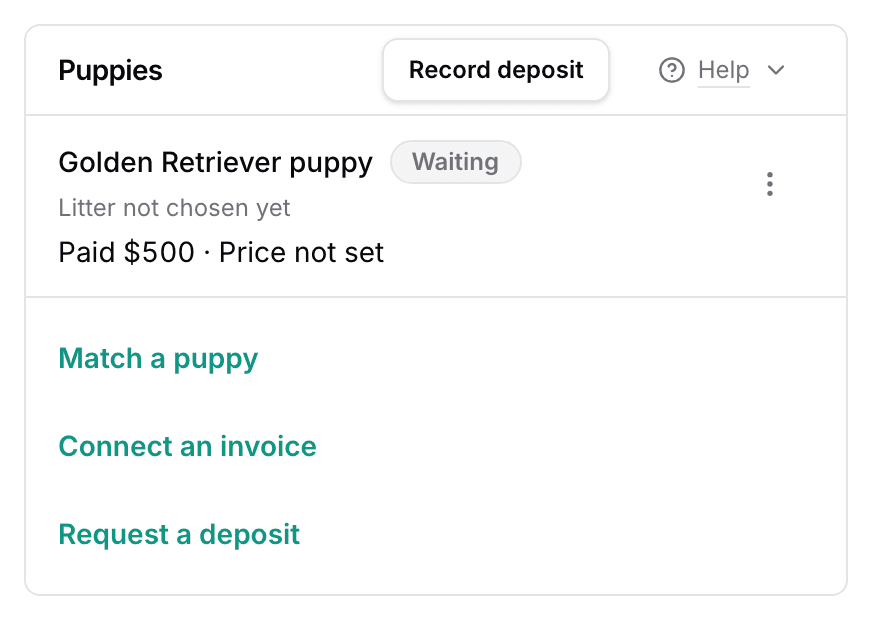 The Puppies card: a Golden Retriever puppy, Waiting, Litter not chosen yet, Paid $500, Price not set, and the links to match, connect, and request.