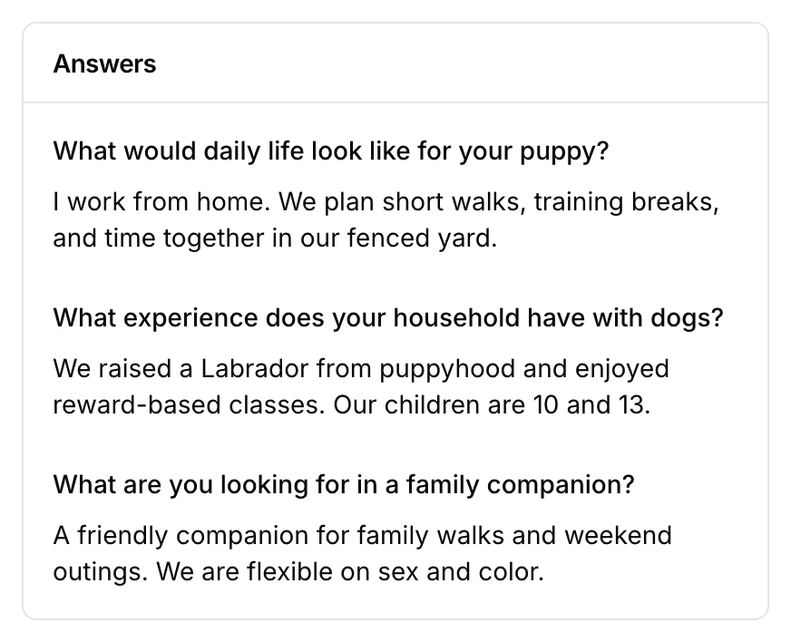 The Answers card on a submitted application: each question the breeder asked, with the family's own reply under it.