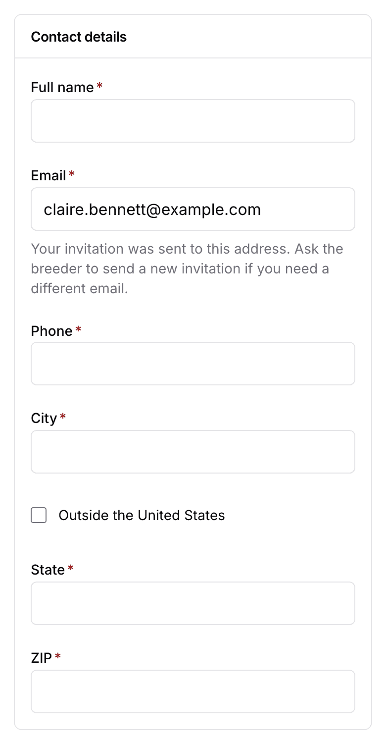 The Contact details card on the family's application: their full name, the fixed email the invitation went to, phone, city, state and ZIP.