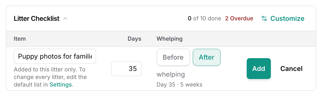 The add row under the checklist: the item name, a days box reading 35, the Before and After chips, and the Add button.