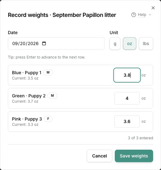 The Record weights dialog with small puppy weights entered in ounces and grams and pounds also available.