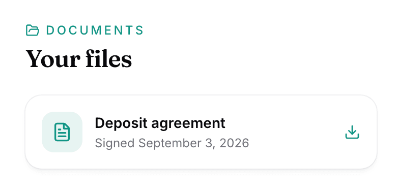 The Your files card in the buyer portal: one document, the date it was signed, and a download icon at the end of the row.