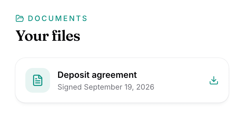 The Your files card in the buyer portal: one document, the date it was signed, and a download icon at the end of the row.