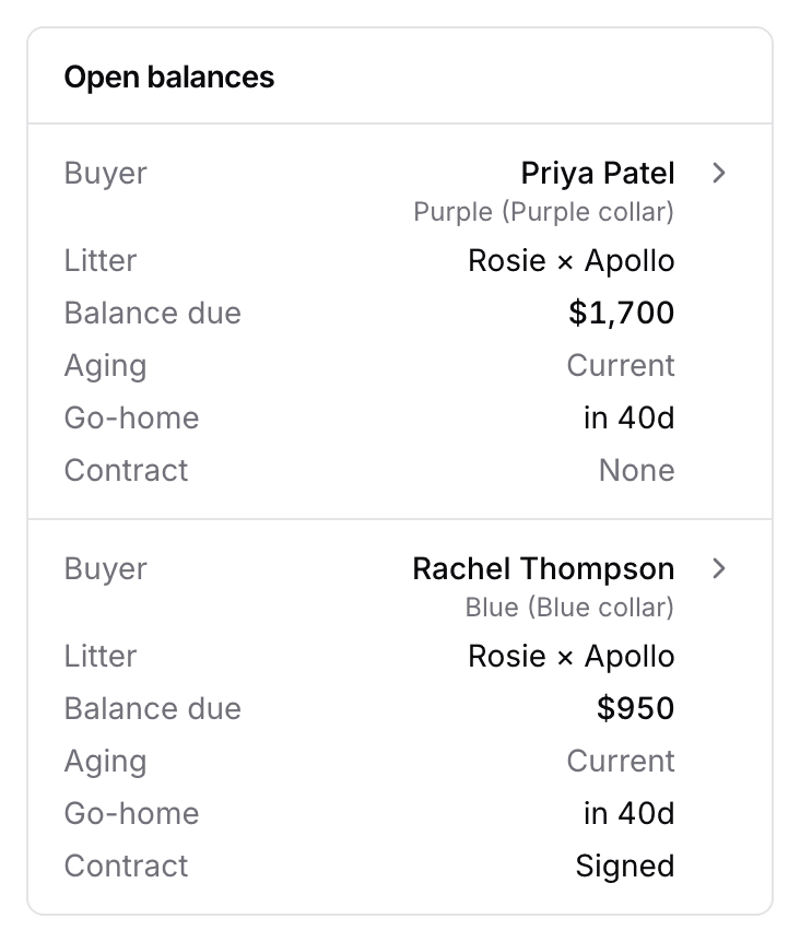 The Open balances card on a phone: one card per invoice, giving the buyer, litter, balance due, aging, go-home and contract.