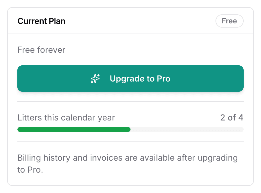 The Current Plan card on the free plan: a Free badge, Free forever, an Upgrade to Pro button, and Litters this calendar year over its bar.
