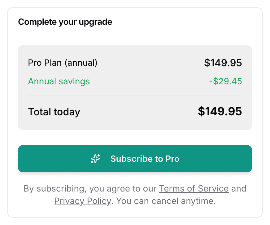 The Complete your upgrade card: the annual Pro Plan line, the Annual savings line, Total today, and the Subscribe to Pro button under them.