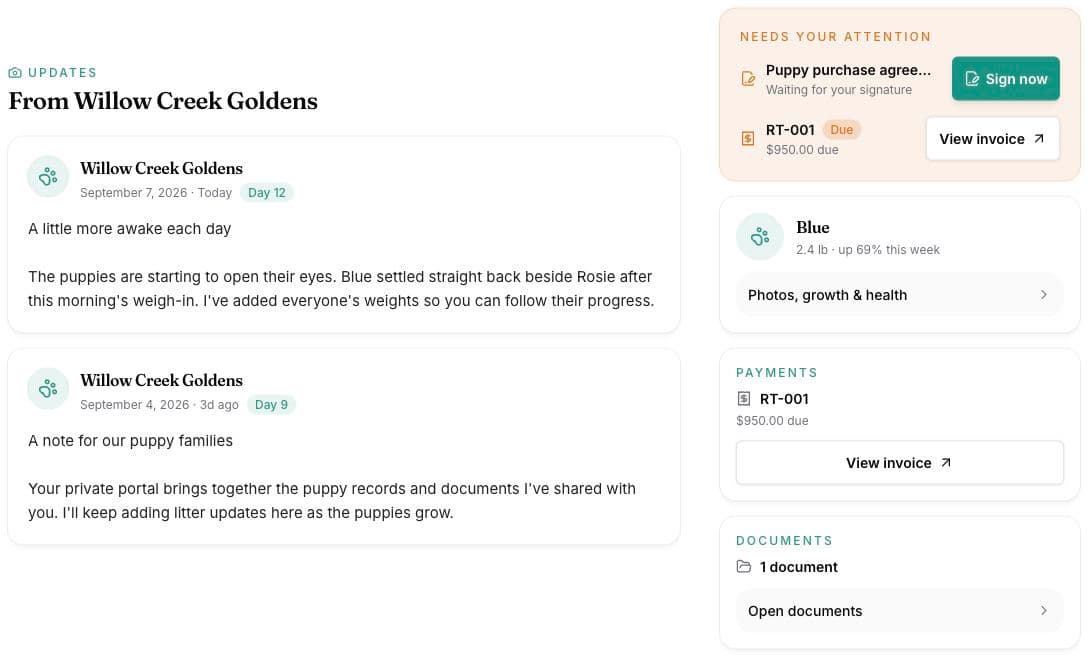 A sample buyer’s private portal shows litter updates from Willow Creek Goldens, Blue’s growth summary, a contract awaiting signature, an invoice balance, and shared documents.